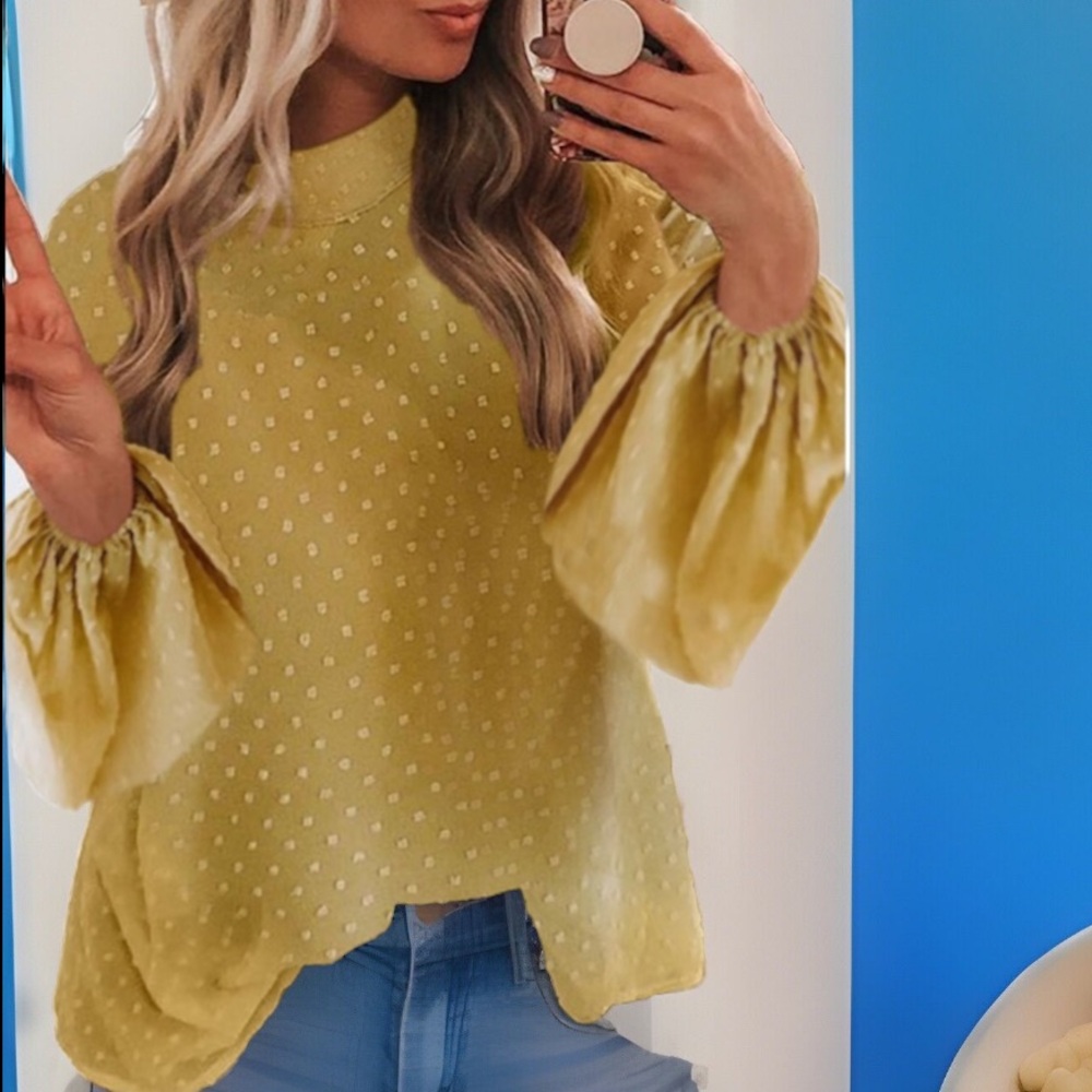 Breathtaking Mandarin Collar Unique Lower Puffy Sleeve Dot Mustard Yellow Blouse